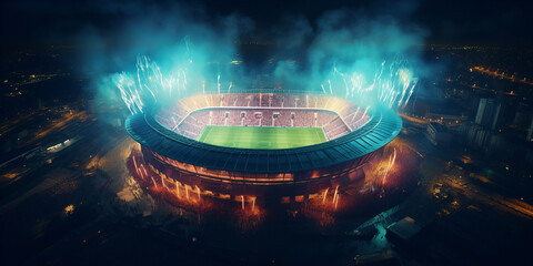 A large modern football stadium with fireworks.