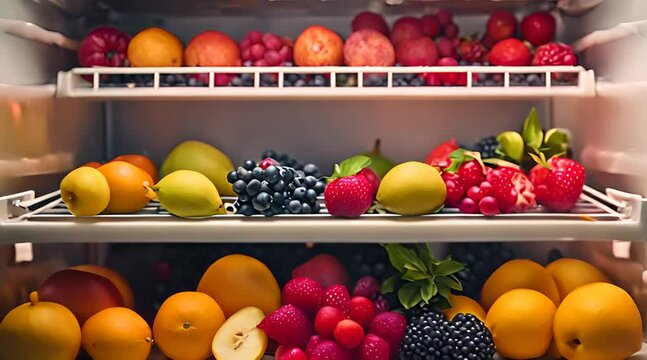 A variety of fresh fruits, meticulously arranged and chilled in a refrigerator