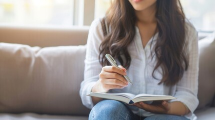 A young girl is sitting on the sofa in her home, home office with a notebook, book, tablet in her hands and studying. Educational concept, offline education, home university, work from home.