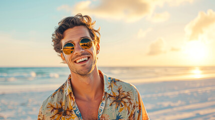 Happy man in sunglasses enjoying the sunshine on a beach, embodying a carefree vacation vibe.