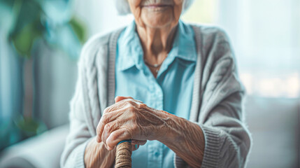 Close-up of an elderly person's hands clasping a wooden cane, symbolizing aging and support. - obrazy, fototapety, plakaty