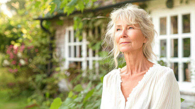 Serene mature woman enjoying a peaceful garden, her expression reflecting contentment and well-being.