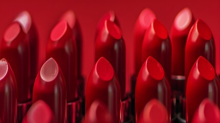 wallpaper with smooth surfaces and rows of standing matte lipstick bullets in various shades of red - obrazy, fototapety, plakaty