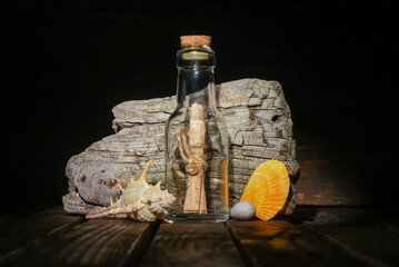 Message scroll letter in the bottle on the wooden desk tablebackground  front view close up with...
