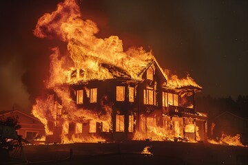 Fototapeta premium Blaze engulfs home in dangerous inferno threatening safety of inhabitants inside. Concept Fire Safety, Home Destruction, Emergency Response, Inferno Damage, Evacuation Plans