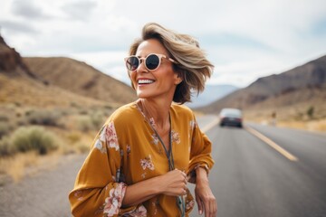 Cheerful woman in sunglasses on the road in the mountains.