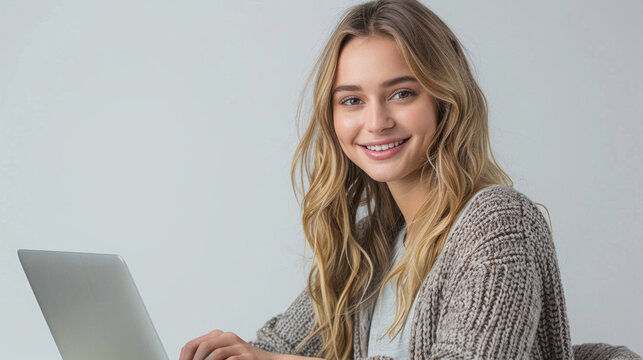 A cheerful young woman with long wavy hair holds a laptop, wearing a cozy knitted sweater, seated against a neutral background.