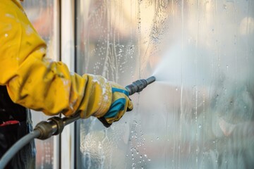 A close-up view of a window being cleaned with a water fed pole, showing soap suds and water cascading down the glass.