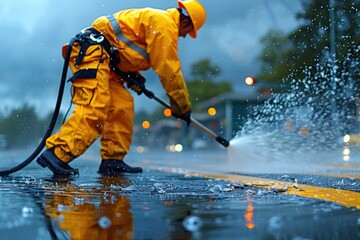 A worker in a yellow rain suit uses a high-pressure water fed pole to clean a wet urban street, with droplets sparkling around.