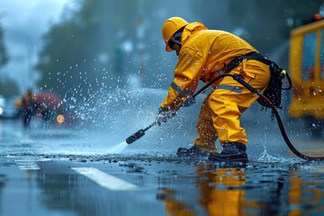 A worker in a yellow rain suit uses a high-pressure water fed pole to clean a wet urban street, with droplets sparkling around. - obrazy, fototapety, plakaty