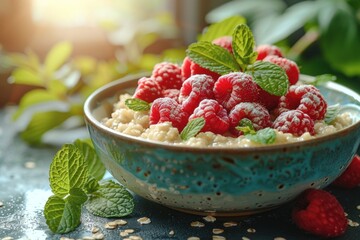 A sunlit bowl of creamy oatmeal topped with vibrant raspberries and a sprig of mint, ready for a...