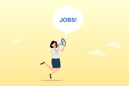Businesswoman announce jobs on megaphone, job advertising or vacancy announcement, human resources recruitment, job communicate or hiring opportunity, career development seeker or employment (Vector)