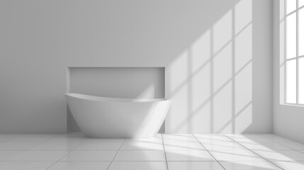 Fototapeta na wymiar Sunlit modern bathroom with freestanding white bathtub