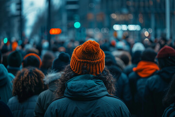 Close-up of a faceless crowd gathered in a city square, their individuality erased by the anonymity...