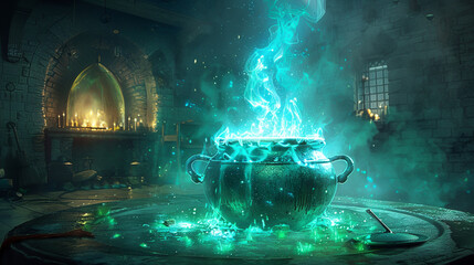 A mystical cauldron erupts with enchanting blue flames in an arcane library.