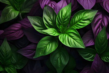 close-up of fresh stems of purple and green basil, top view ,  generated by AI. 3D illustration - obrazy, fototapety, plakaty