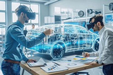 An automotive engineer in a virtual reality headset is working on a prototype of a 3D electric car using gestures in augmented reality. - obrazy, fototapety, plakaty