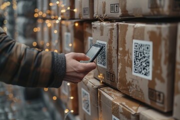 A person is using a smartphone to scan the QR code on a parcel in a warehouse filled with boxes.