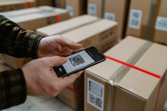 A person is using a smartphone to scan the QR code on a parcel in a warehouse filled with boxes.