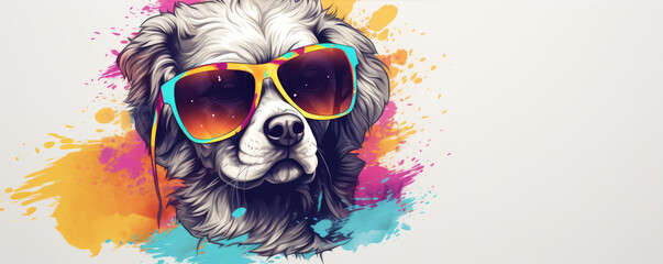 Funny dog head detail with summer sunnglases on wide backgrund. copy space for your text