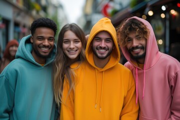 Four pals wearing coordinated hoodies. Generative Ai.