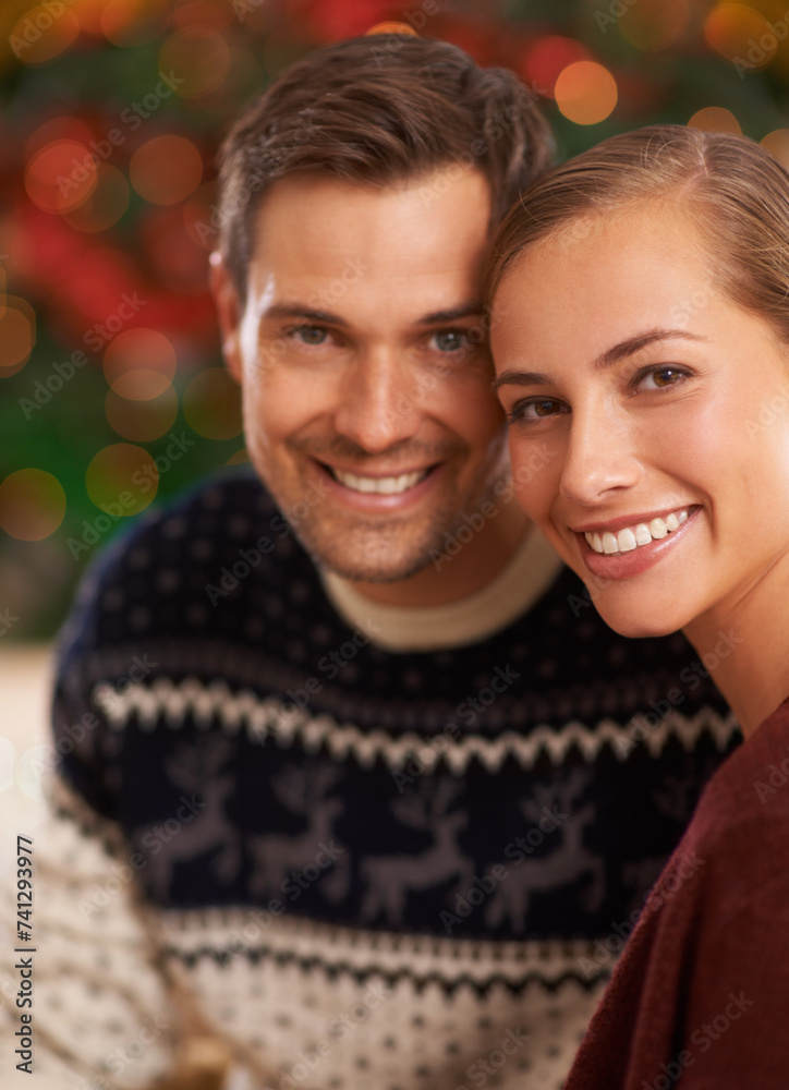 Canvas Prints Portrait, Christmas and couple with holiday, romance and party with celebration and home with lights. Face, apartment and man with woman or peace with holiday and festive season with marriage or Xmas