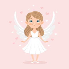 Cute cupid girl with bow and arrow, angel girl, cherub. Valentine's Day card, pastel colors. Vector illustration
