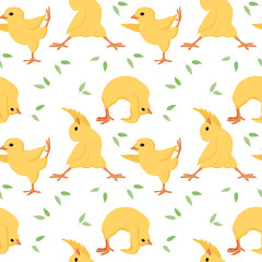 Seamless pattern, cute Easter chicks in different yoga poses. Animal illustration, vector