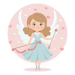 Cute cupid girl with bow and arrow, angel girl, cherub. Valentine's Day card, pastel colors. Vector illustration