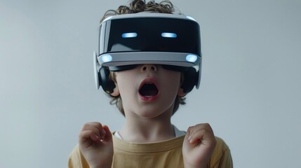 A young boy wearing VR goggles stands with his mouth open in awe, immersed in a virtual reality experience.