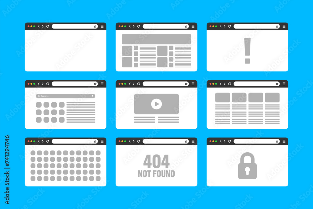 Poster web browser window, pages layout with toolbar and search field. modern website, internet page in fla