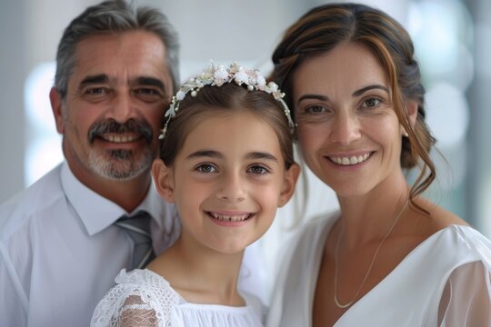 This is a picture of a little girl with her father and mother on her First Communion Day.