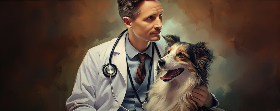 Veterinarian doc and white dog in a veterinary clinic on medical background
