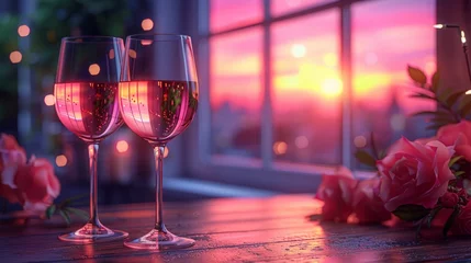 Foto op Plexiglas 窓から見える夕焼けとワイングラス,Generative AI AI画像 © beeboys