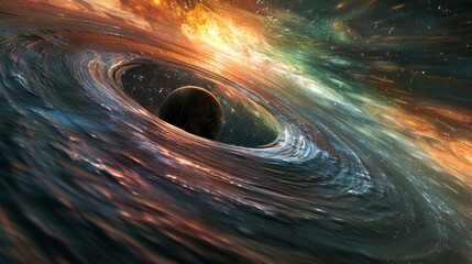 Environmental planet orbit, Amidst the cosmic dance, a vibrant planet orbits peacefully, embraced by celestial light and swirling nebulae