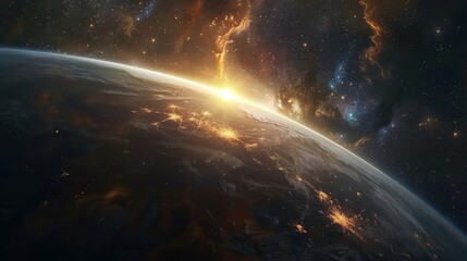 Obraz premium Environmental planet orbit, Amidst the cosmic dance, a vibrant planet orbits peacefully, embraced by celestial light and swirling nebulae