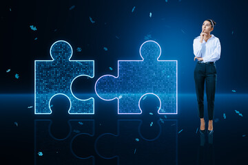 Businesswoman pondering over glowing puzzle pieces, digital technology and system integration concept