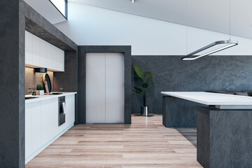 Spacious kitchen interior with furniture and appliances. Luxury designs concept. 3D Rendering.