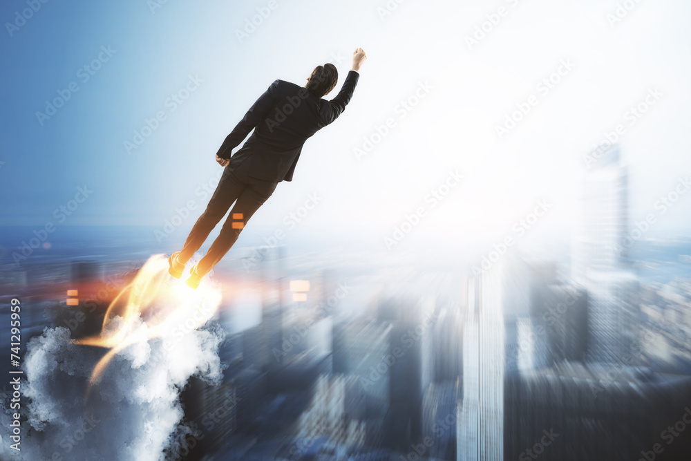 Poster abstract image of businessman launching on city background with mock up place. leadership and succes