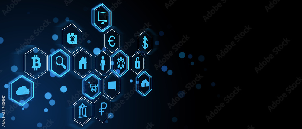 Poster Abstract hexagonal pattern hologram with various business icons on wide dark background. Digital dashboard and data concept. 3D Rendering.