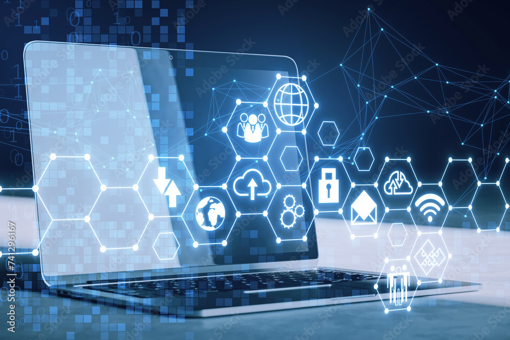 Poster Close up of laptop computer with creative digital hexagonal pattern with various business icons on blurry polygonal background. Digital dashboard and data concept. 3D Rendering.
