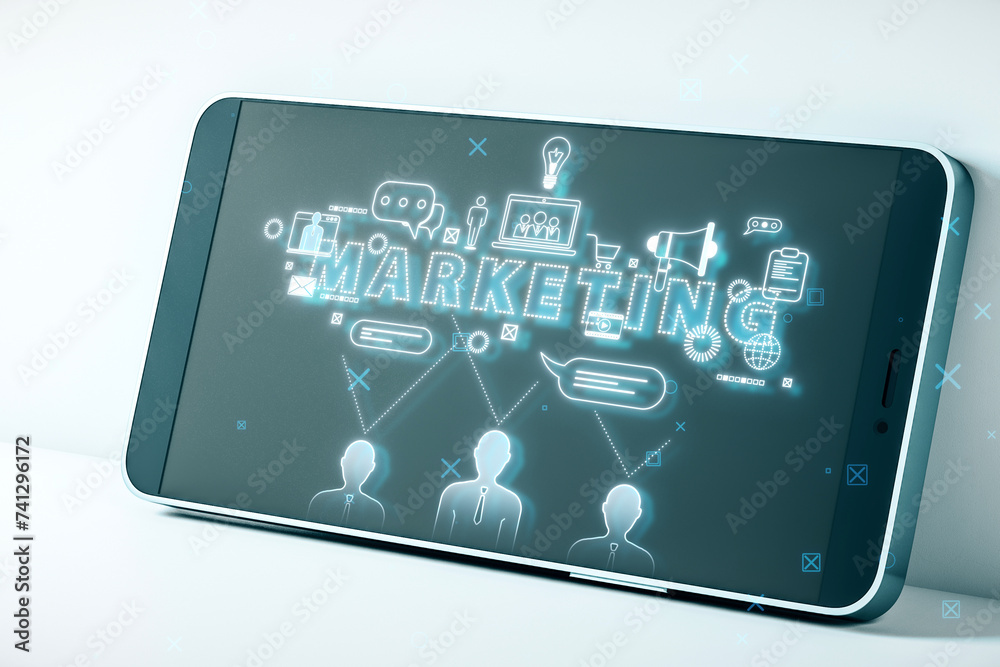 Aufkleber close up of smartphone with creative marketing hologram with various icons on blurry background. seo