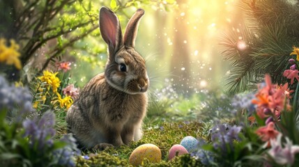 Fototapeta na wymiar Easter Bunny in a Magical Forest Setting