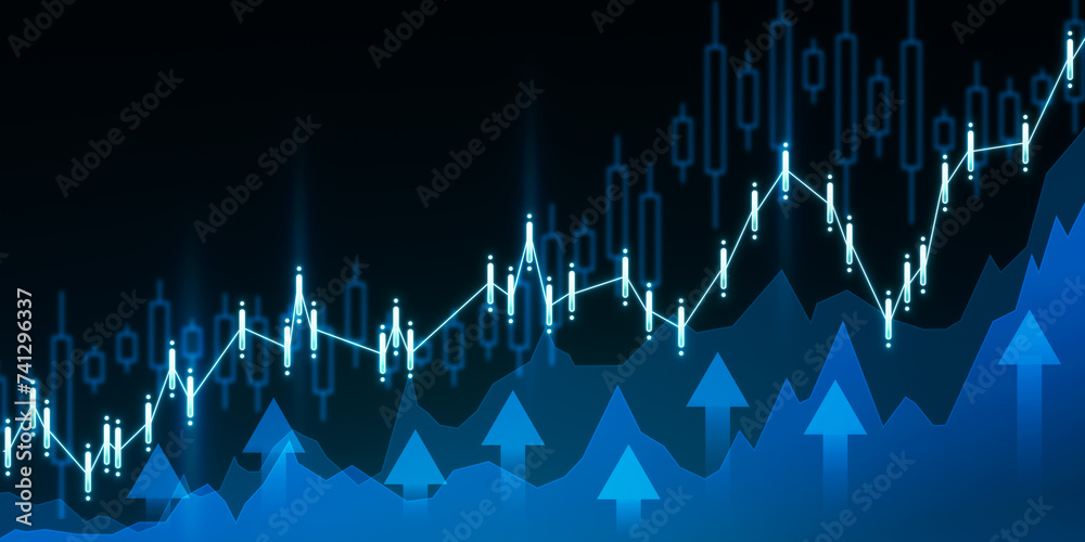 Poster abstract growing blue business chart with arrows on blurry background. future growth plan and compan