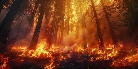 Raging Wildfire Scorches Forest, Heat Felt for Miles in Intense Scene. Concept Nature's Fury, Wildfire Devastation, Extreme Heat, Forest Destruction, Emergency Response - obrazy, fototapety, plakaty