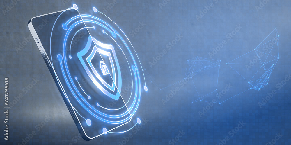Poster Close up of smartphone with creative round safety hologram with polygonal mesh on blurry wide black background. Secure antivirus, digital protection app concept. 3D Rendering.