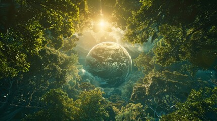 Obraz na płótnie Canvas Environmental planet orbit, Through the cosmic veil, a lush planet orbits peacefully, adorned with verdant forests and celestial serenity