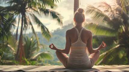 Girl does yoga and meditation against the backdrop of tropical nature and islands. The concept of a...