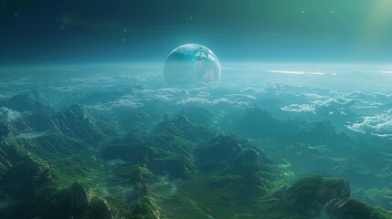 Environmental planet orbit, Within the celestial tapestry, a majestic planet orbits gracefully, adorned with lush valleys and ethereal beauty