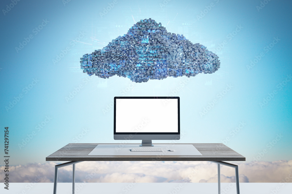 Poster Abstract image of empty white computer placed on desk under digital cloud with coding on sky background. Digital storage, database, network and technology concept. Mock up, 3D Rendering.